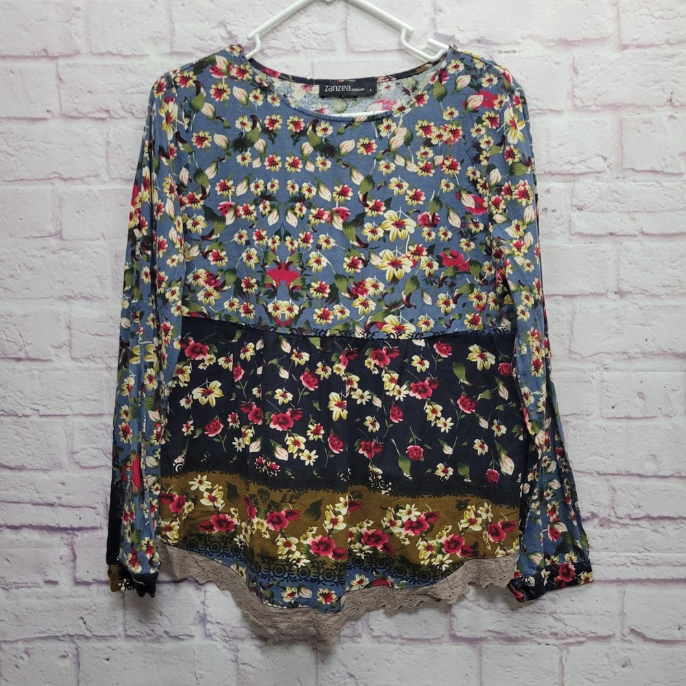 Zanzea Floral Patchwork Tunic Blouse L Lace Boho‎ Fairycore Peasant Whimsigoth